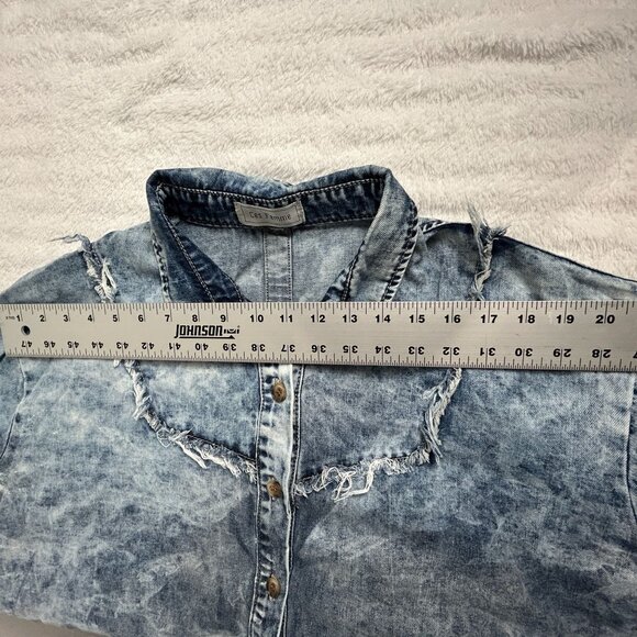 Ces Femme Womens Blue Distressed Demin Jean Jacket Large SharkBite Hem Oversized - Picture 7 of 10